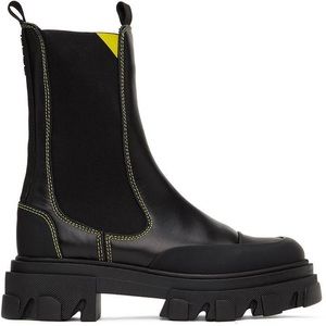 Ganni Chunky Black Chelsea Boots, Yellow Trim, Cleated